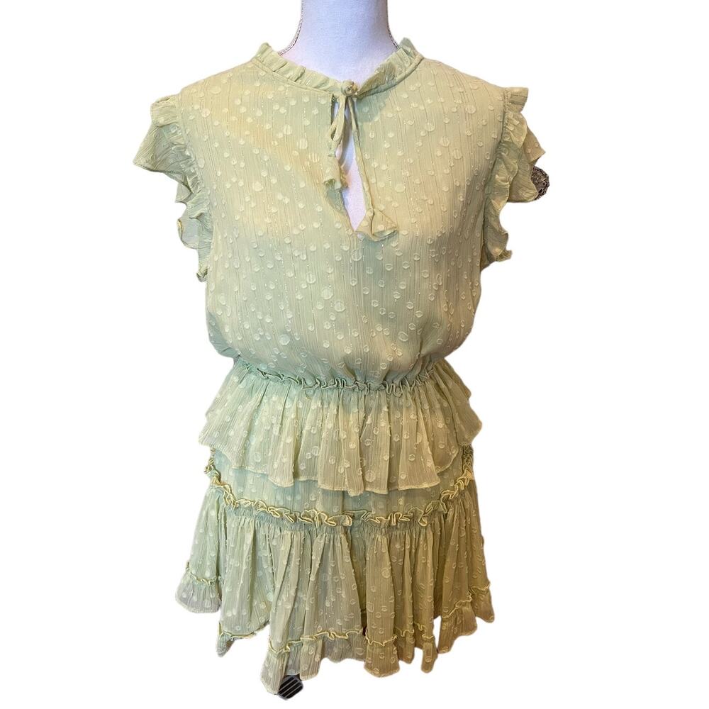 Misa LA Lillian Chiffon Smocked Tiered Mini Dress Honeydew S - Picture 2 of 10